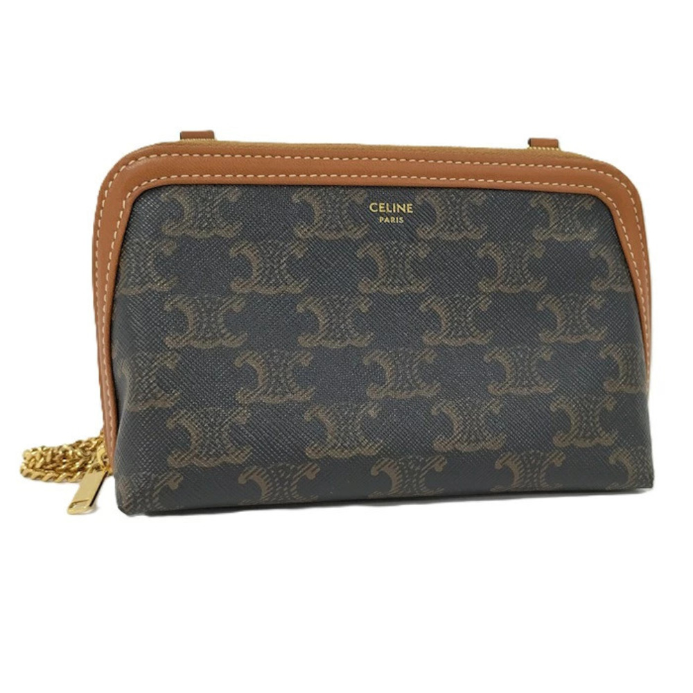 Celine Chain Shoulder Bag Triomphe Leather Dark Brown